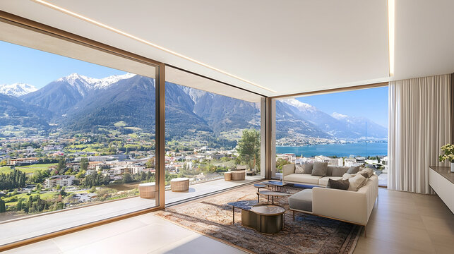 Modern apartment living room overlooking snowy mountains and lake