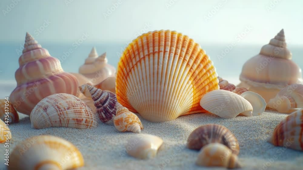 Poster Coastal scene with various types of shells and ocean waves in background