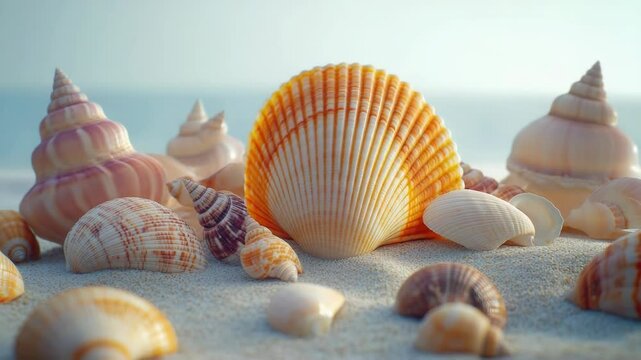 Coastal scene with various types of shells and ocean waves in background