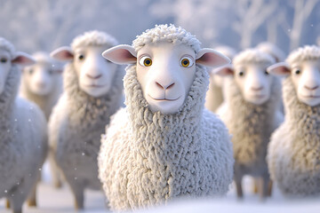 Obraz premium A group of animated sheep in a snowy landscape, showcasing their unique expressions and fluffy coats
