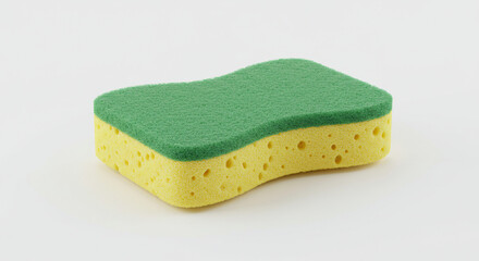 3D kitchen sponge with yellow base and green scrub layer, isolated on white background