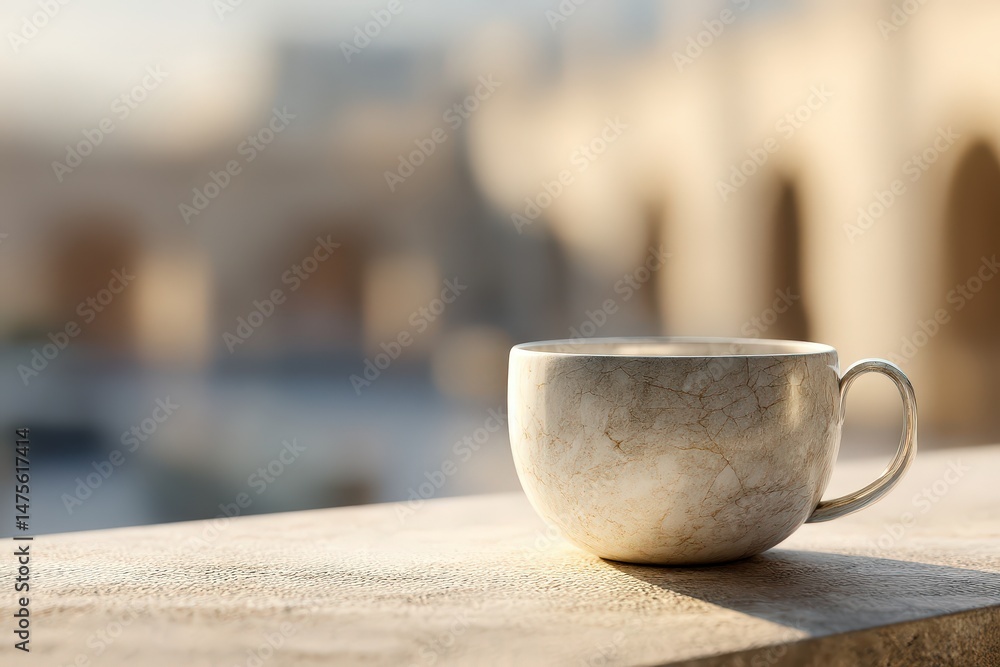 Poster light-gray mug on a ledge with a blurred cityscape background.