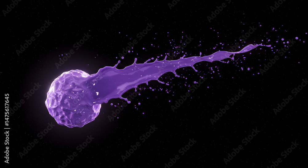 Poster abstract violett orb bursting with liquid flowing dynamically in the darkness