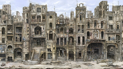 Fototapeta premium Ruined city buildings cityscape; post-apocalyptic urban decay; background sky; for dystopian fiction illustration