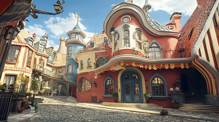 Charming fairytale town street scene, sunny day, cobblestone road, whimsical architecture, ideal for children's book illustration