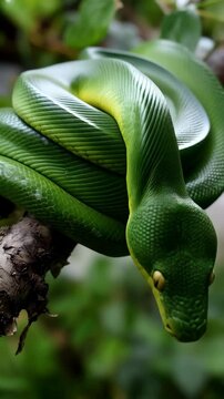 A vibrant green tree python coiled on a branch, showcasing its scales and coloration in a natural environment.