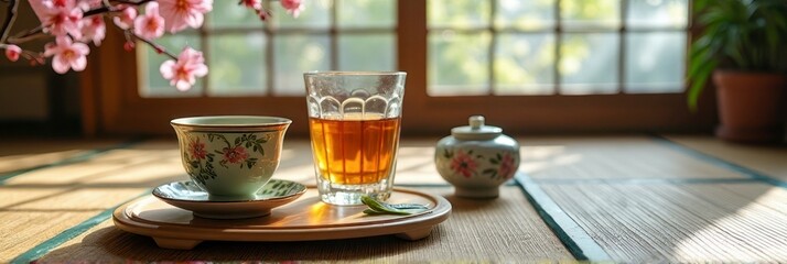 Fototapeta premium Tranquil zen tea ceremony with cherry blossoms in japanese room