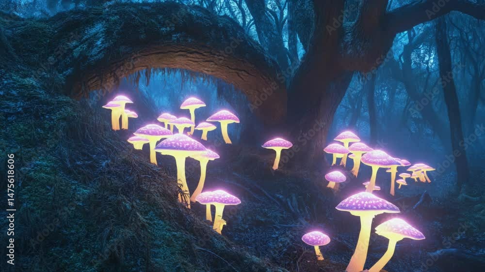 Poster a cluster of mushrooms growing together in a forest setting