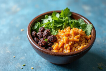 Fototapeta premium Tempting Vegan Buddha Bowl: Elegant Fine Dining Photography on Dusty Blue Background