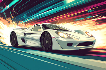 Futuristic white sports car speeding through a neon-lit cityscape at night, showcasing motion