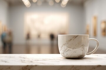 Cream-colored mug on marble countertop in a museum.