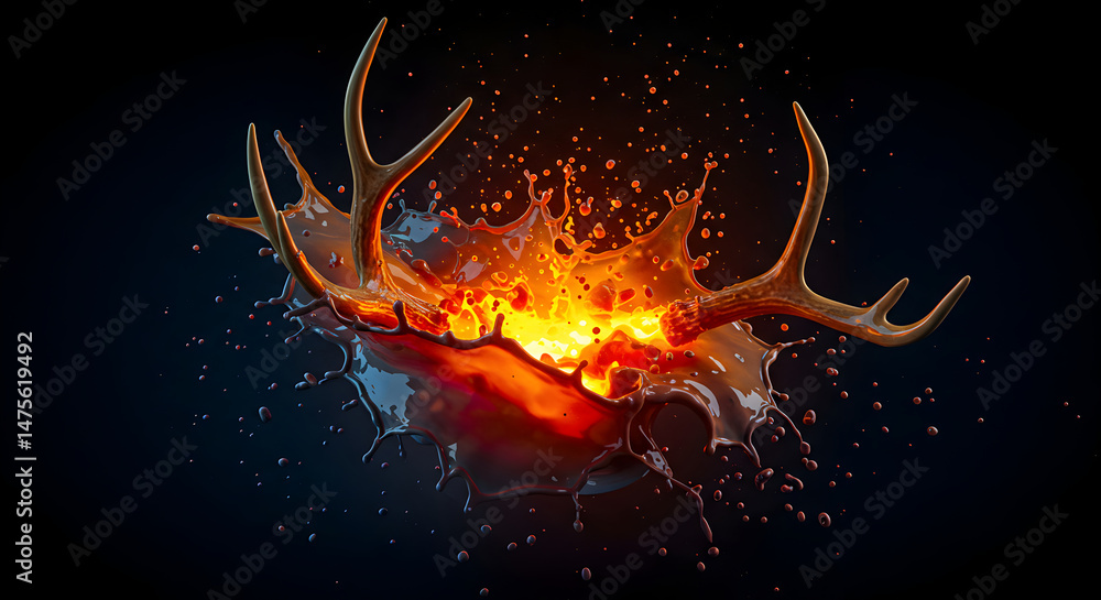 Poster fiery antlers exploding in splash of color on black background