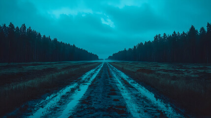 Fototapeta premium Gloomy forest road at dusk, vanishing point perspective, moody atmosphere, nature photography for websites or travel brochures
