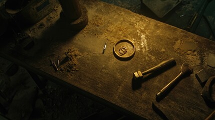 Artisan workbench with hammers, files, and tweezers beside a partially crafted gold ring and soldering station