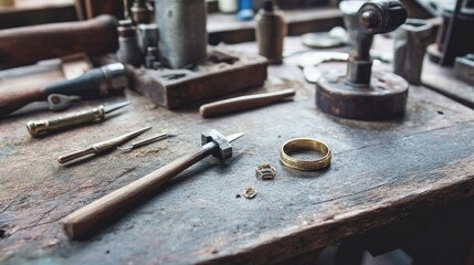 Artisan workbench with hammers, files, and tweezers beside a partially crafted gold ring and soldering station