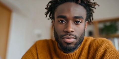 Young african male wearing brown sweater in thoughtful pose indoors