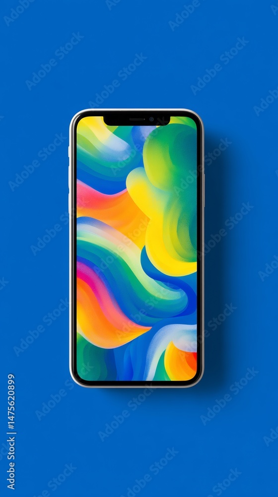 Poster smartphone with colorful swirling abstract display on vivid blue background