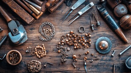 Artistic shot of raw materials and tools used in the creation of bespoke jewelry pieces on a rustic workbench