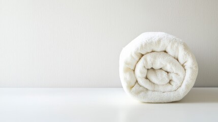 Neatly Rolled White Towel on Minimalist Clean White Surface