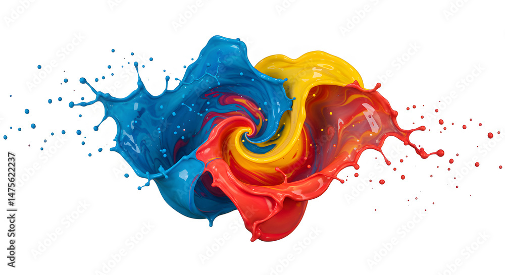 Poster vibrant paint swirls creating a dynamic abstract splash against white backdrop