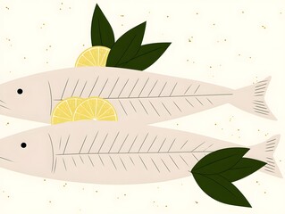 Two Fresh Fish with Lemon and Leaves: A flat lay illustration of two fresh fish, prepared for cooking, with lemon slices and leaves on top. The clean and simple design makes it perfect for food blogs.