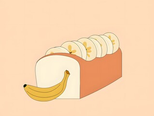 Banana Bread Illustration: A whimsical illustration of a loaf of bread topped with banana slices, with a single banana beside it, against a pale pink background.