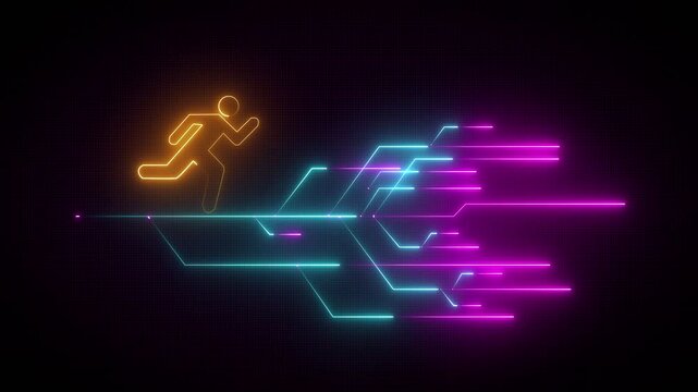 Moving forward icon, Way to success business concept. Goals achievement, purposefulness, planning development leadership. Neon line of human icon running with forward lines on transparent background.