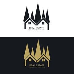 Fototapeta premium Minimalist Real Estate Logo – Two Triangular Roof Houses in Black and Gold