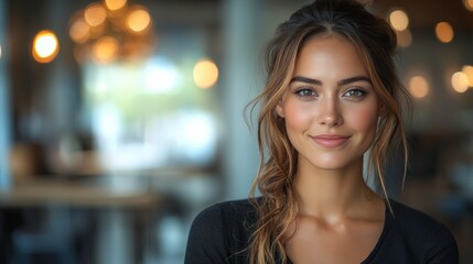 Young woman with beautiful smile and natural makeup, indoor setting with soft lighting and blurred background ambiance showcasing warmth and friendliness.