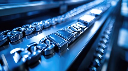 Fototapeta premium Close-up of metal bracelets on a conveyor undergoing ultrasonic cleaning in production line