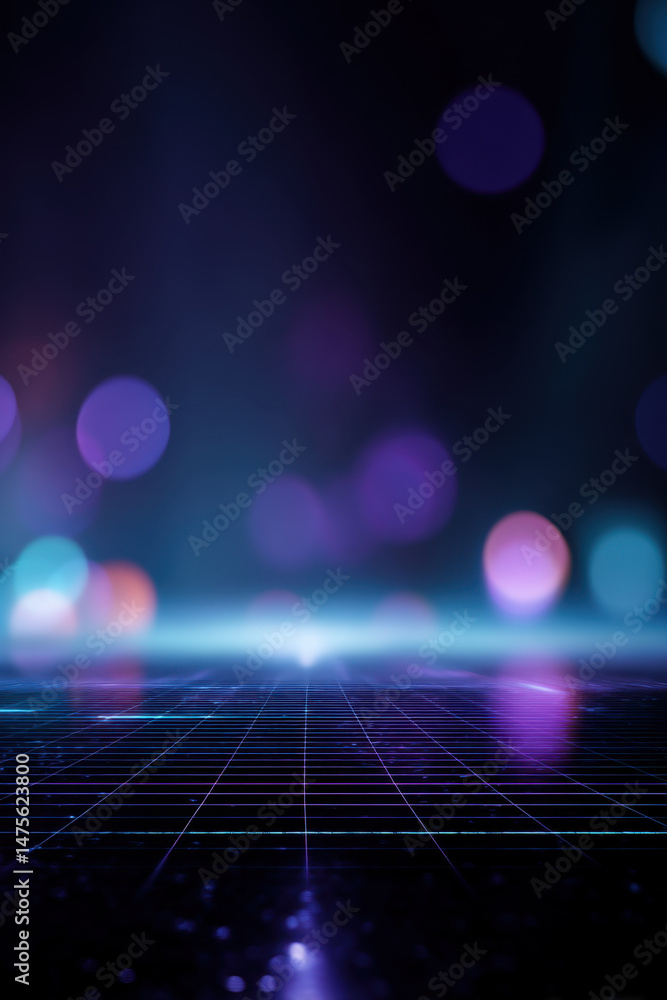 Poster a glowing digital grid stretches into the distance with colorful bokeh lights in the background
