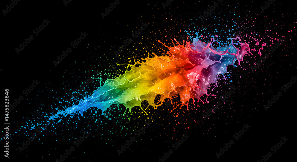 Poster vibrant rainbow splash explosion against dark backdrop for dynamic design element