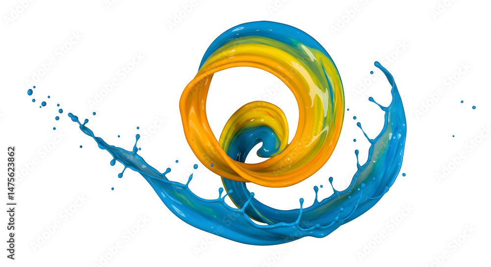 Poster dynamic splashes of liquid paint with vibrant color combination on white background