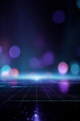 A glowing digital grid stretches into the distance with colorful bokeh lights in the background
