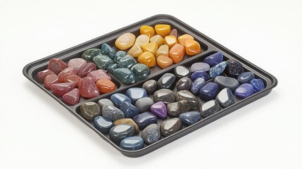 Collection of gemstone polishers arranged by grit grade beside a water tray for lubrication