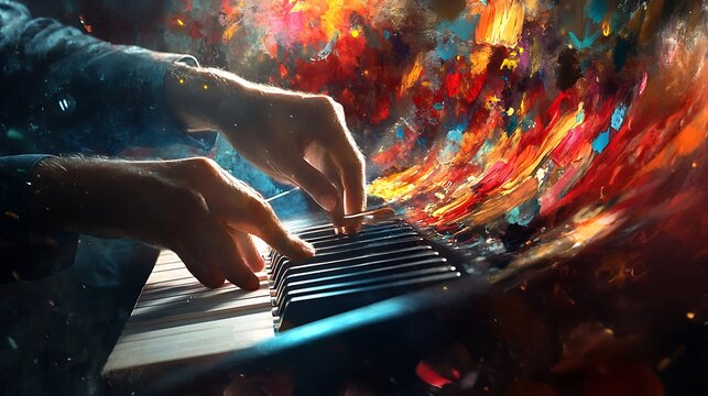 Hands playing piano vibrant colors