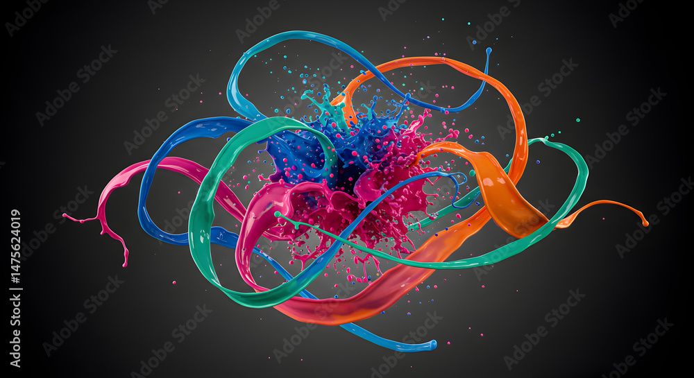 Fototapete dynamic multicolor paint splashes exploding on a dark backdrop for artistic design