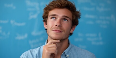 Thoughtful young caucasian male in blue shirt against chalkboard background
