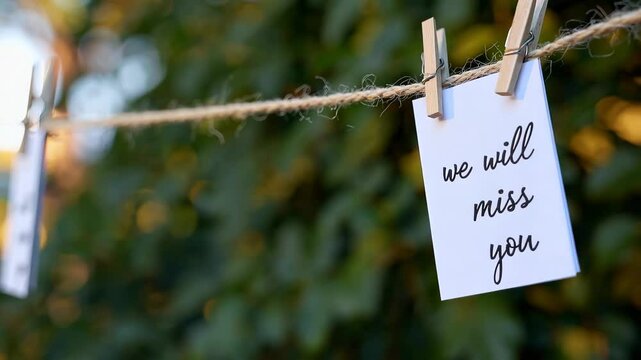 Gentle breeze sways message card with "we will miss you" on a leafy background