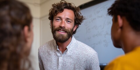 Young caucasian male teacher engaging with students in classroom setting