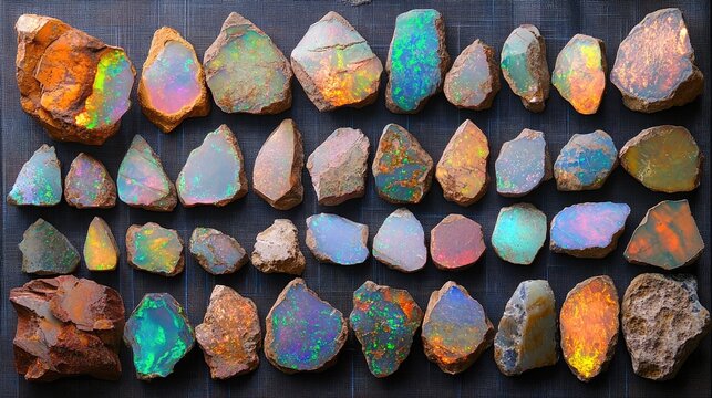 Cut and polished opals arranged on polishing mat beside reference samples and grit scale