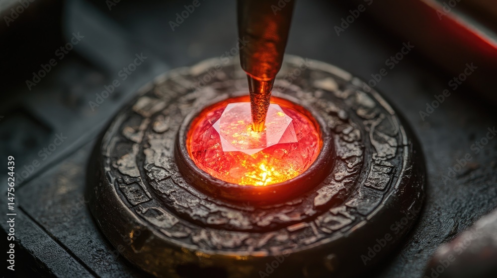 Poster detailed macro of a gemstone being precisely placed into a ring setting with surrounding tools focus