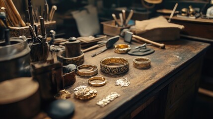 Obraz premium Detailed shot of goldsmith's workbench with engraved gold bands, shaping hammers, and polishing cloths