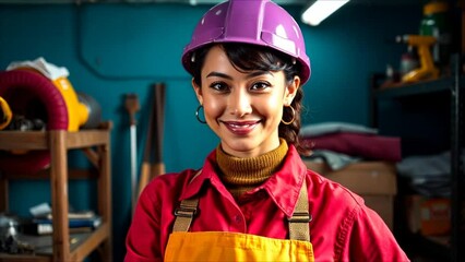 Smiling woman in helmet working in a workshop  