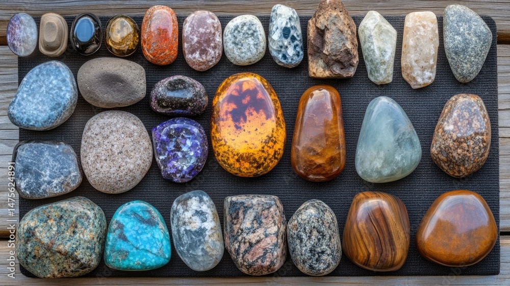 Poster digital scales and hardness testing tools arranged near a polishing mat with several graded gems