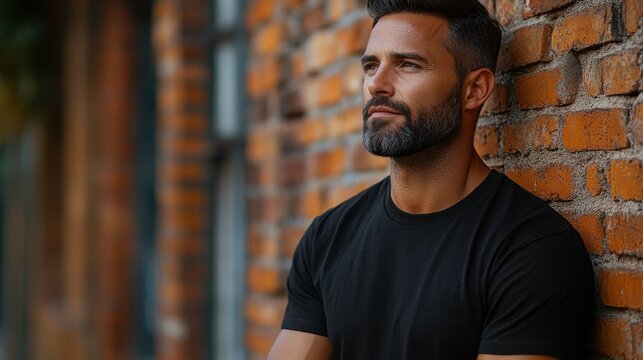 Thoughtful man in black shirt leaning against brick wall, city street, outdoor portrait, confident demeanor, casual fashion, stylish appearance, urban setting