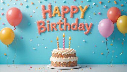 Happy Birthday Celebration with Cake and Balloons