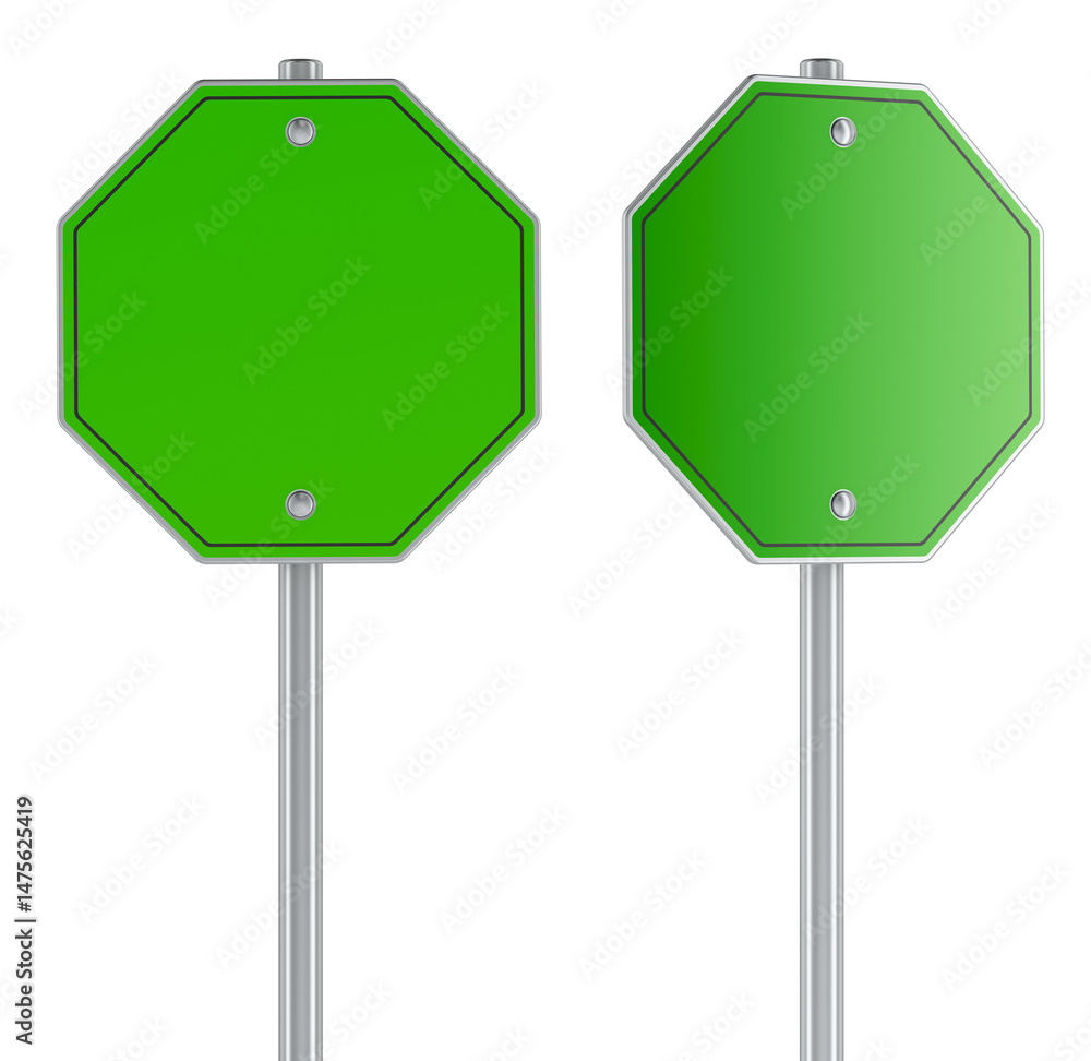 Poster green traffic road sign, blank. octagonal shaped road sign. template, mockup, front and side views. 