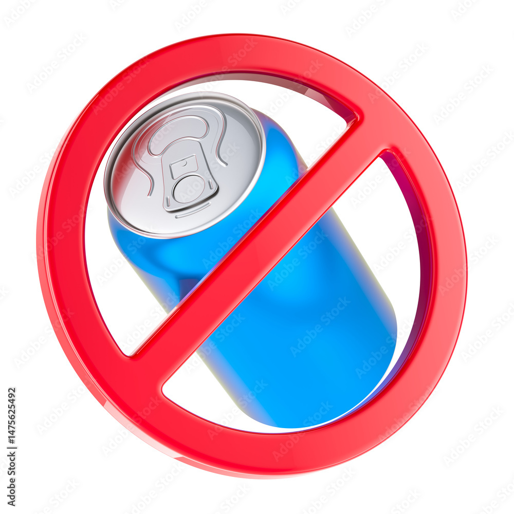 Aufkleber prohibition symbol with metallic drink can. 3d rendering isolated on transparent background