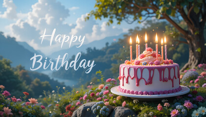 Happy Birthday Cake in a Serene Garden
